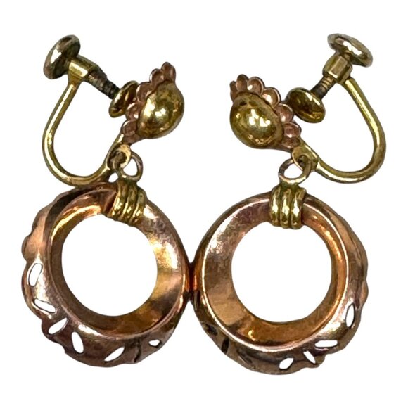 Vtg Hoop Van Dell 12K Gold Filled ClipOn Screwback Earrings Etched Flower Dangle - Picture 3 of 6